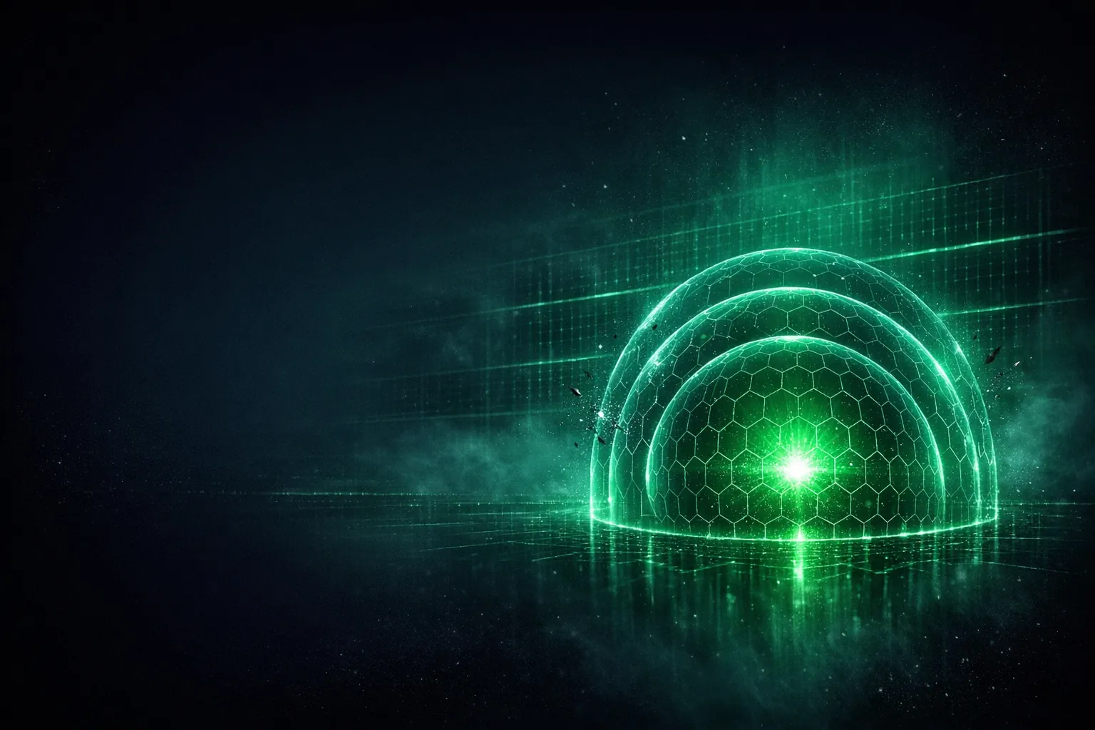 Abstract emerald shield enclosing a single glowing site, layered defenses receding into the dark